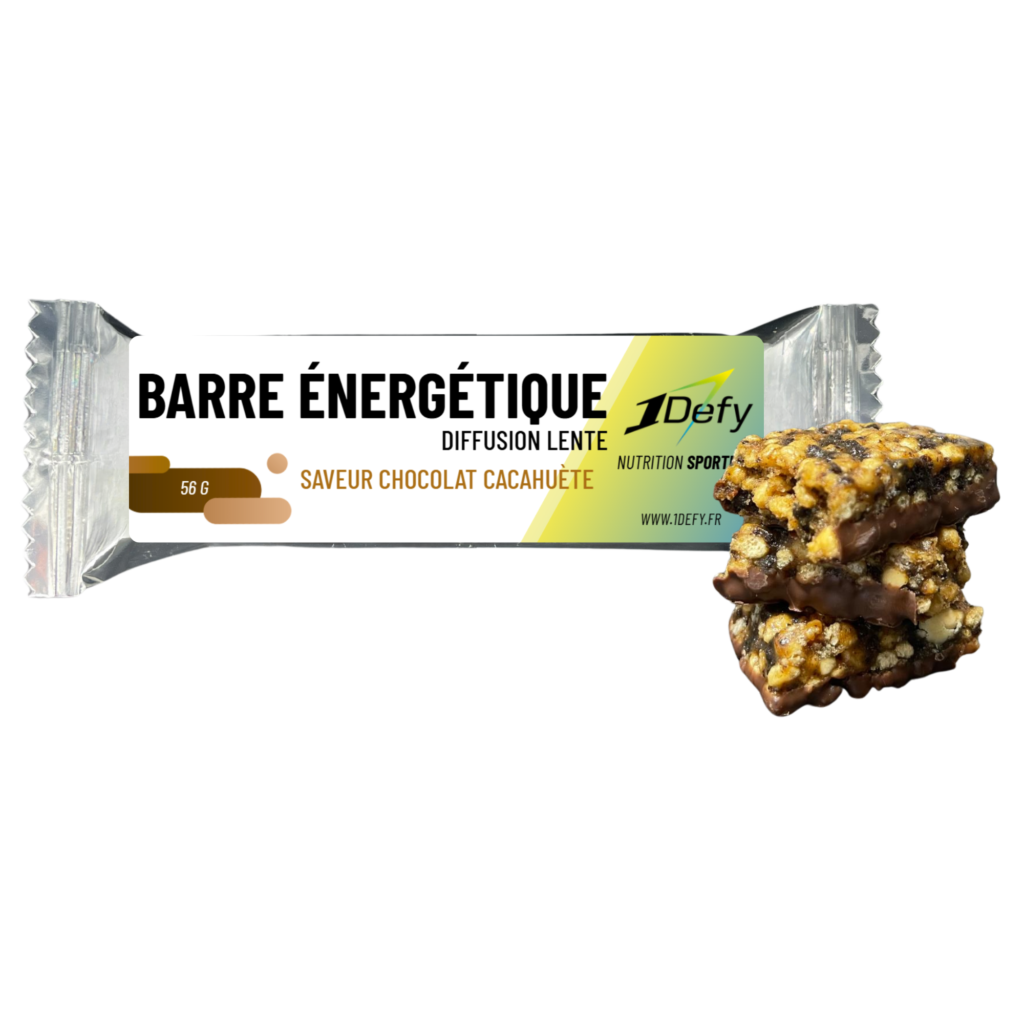 Barre énergétique diffusion lente saveur chocolat cacahuète, nutrition pendant effort, 1Defy Nutrition Sportive Made in Bourgogne, Made in France