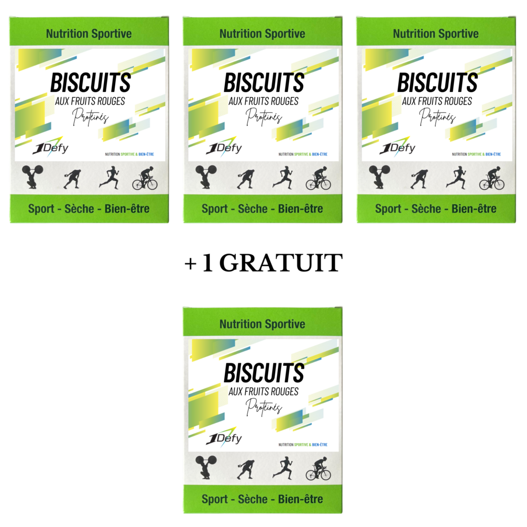 Boite de 20 biscuits protéinés aux fruits rouges, offre 3+1 gratuit, 1Defy, Nutrition Sportive Made in Bougogne, Made in France