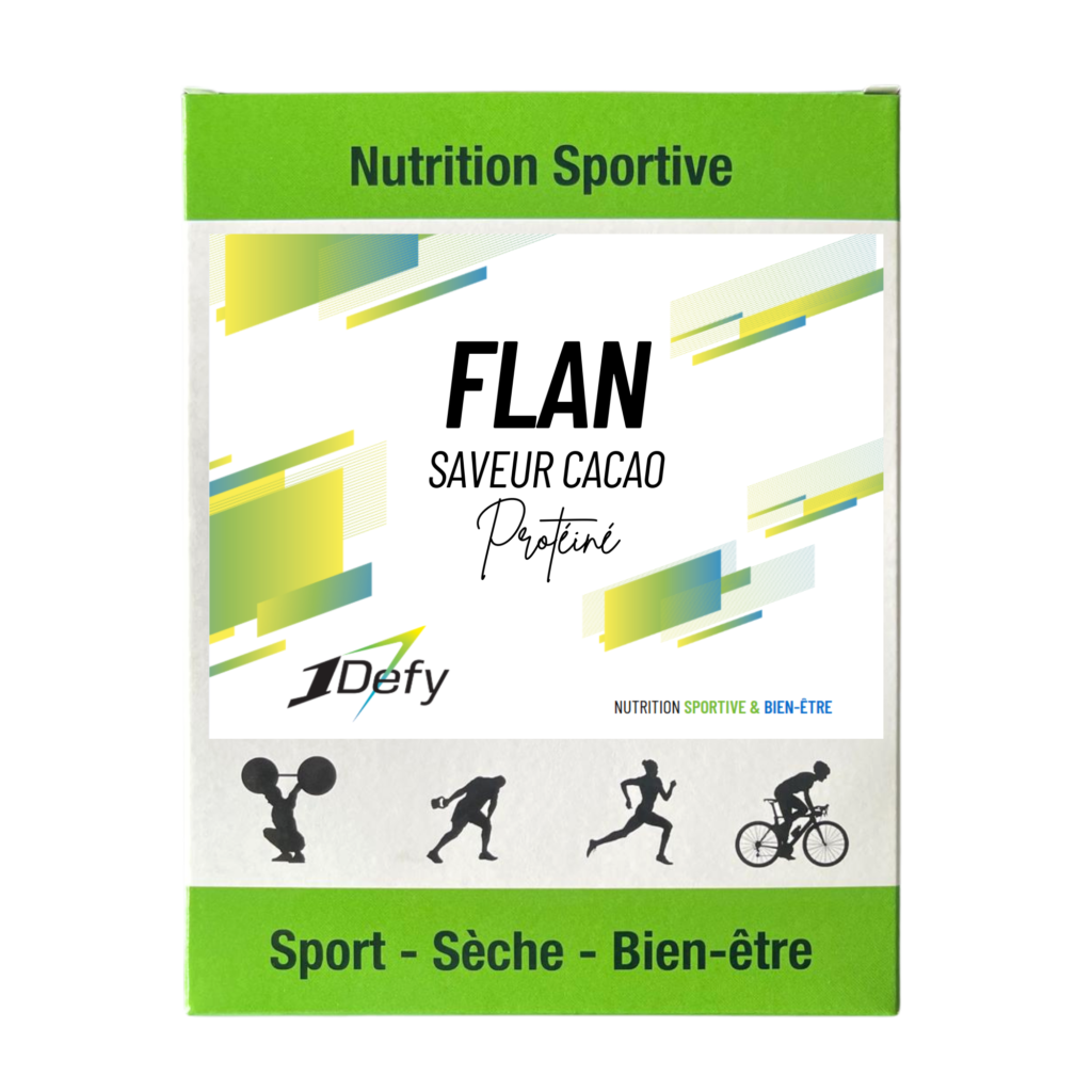 Flan protéiné saveur cacao, flan gourmand, boite de 5 sachets individuels, 1Defy Nutrition sportive Made in Bourgogne, Made in France