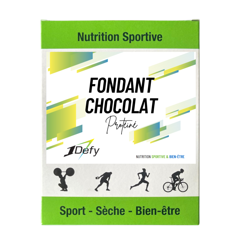 Fondant au chocolat protéiné, gâteau au chocolat protéiné, coulant au chocolat protéiné, boite de 5 sachets, 1Defy nutrition sprotive Made in Bourgogne, Made in France