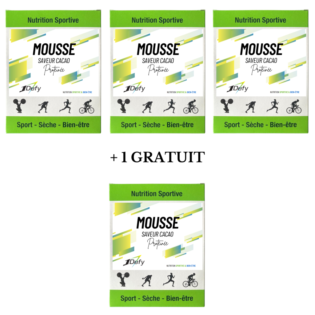 Mousse au chocolat protéinée, Boite de 5 sachets individuels, offre 3+1 gratuit, 1Defy Nutrition sportive Made in Bourgogne, Made in France
