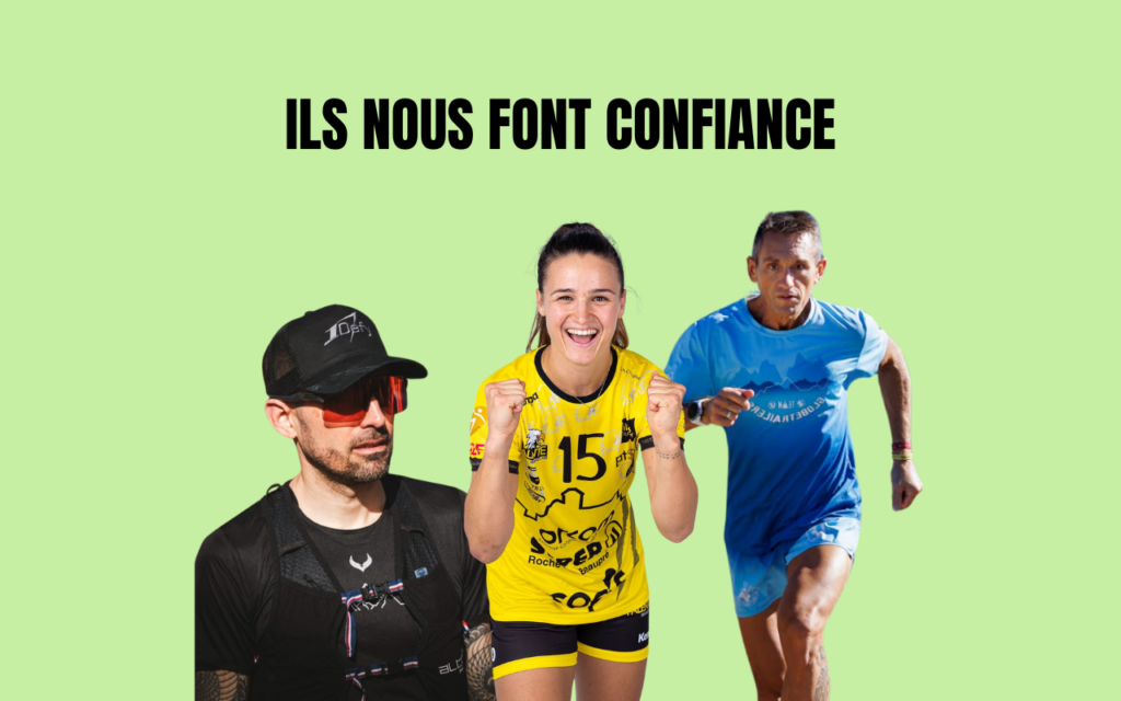 Bannière 1Defy 'Ils nous font confiance' présentant nos ambassadeurs en action : une joueuse de handball, un traileur et un coureur. Une illustration de la communauté sportive qui valide notre nutrition de qualité médicale sur le terrain.