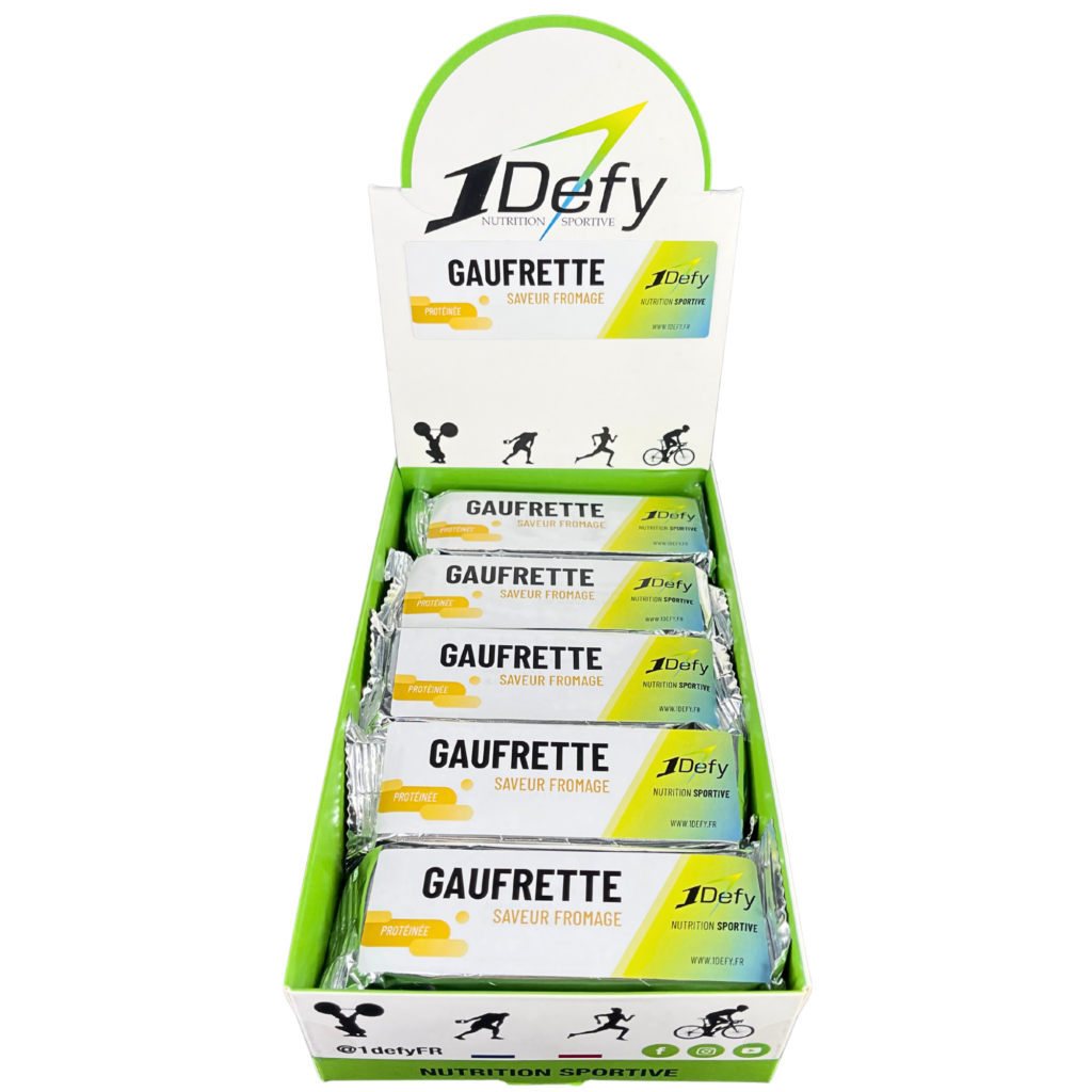 Gaufrette protéinée saveur fromage, snack protéiné salé, boite de 15 gaufrettes, 1Defy Nutrition sportive Made in Bourgogne, Made in France
