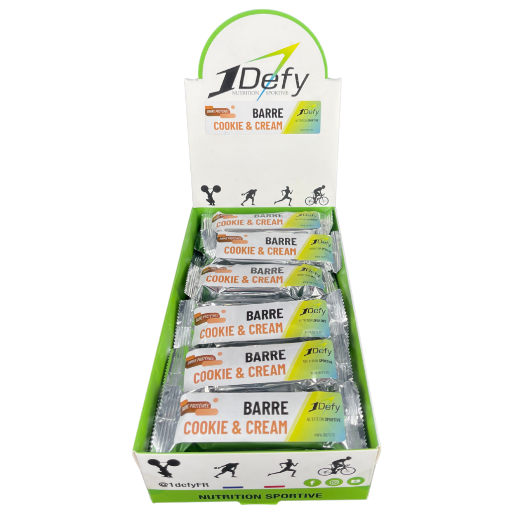 Boite de 24 barres protéinées Cookie and Cream, barres protéinées fondantes et gourmandes, 1Defy nutrition sportive Made in Bourgogne, Made in France